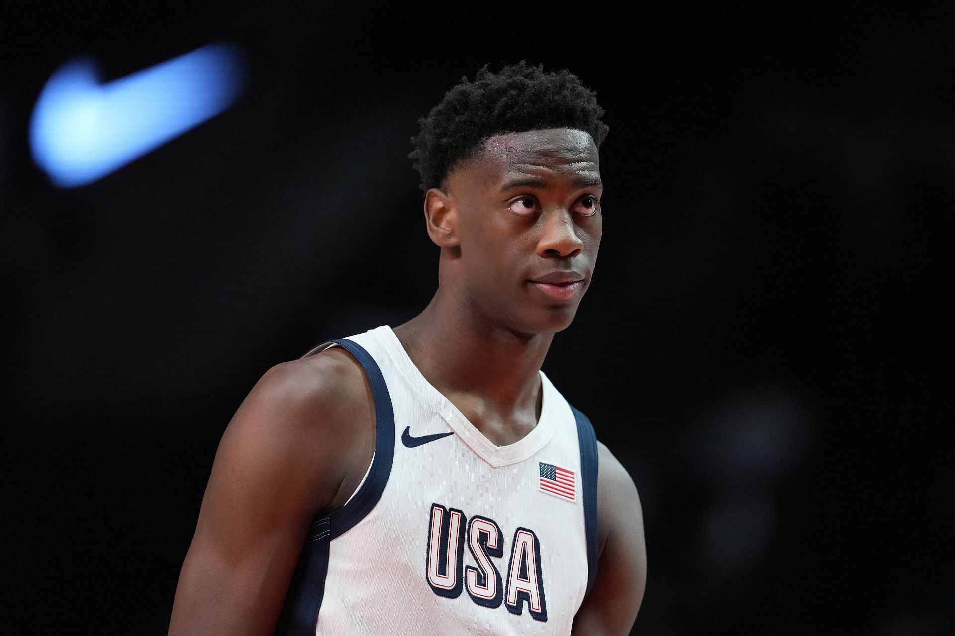 AJ Dybantsa (#7) of Team USA looks on during the 2025 Nike Hoop Summit at Moda Center on April 12, 2025 in Portland, Oregon. Photo: Getty